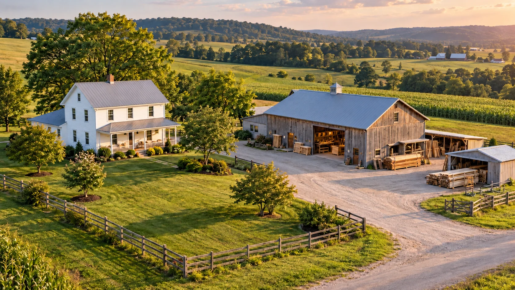 Family homestead and woodworking shop surrounded by rolling farmland