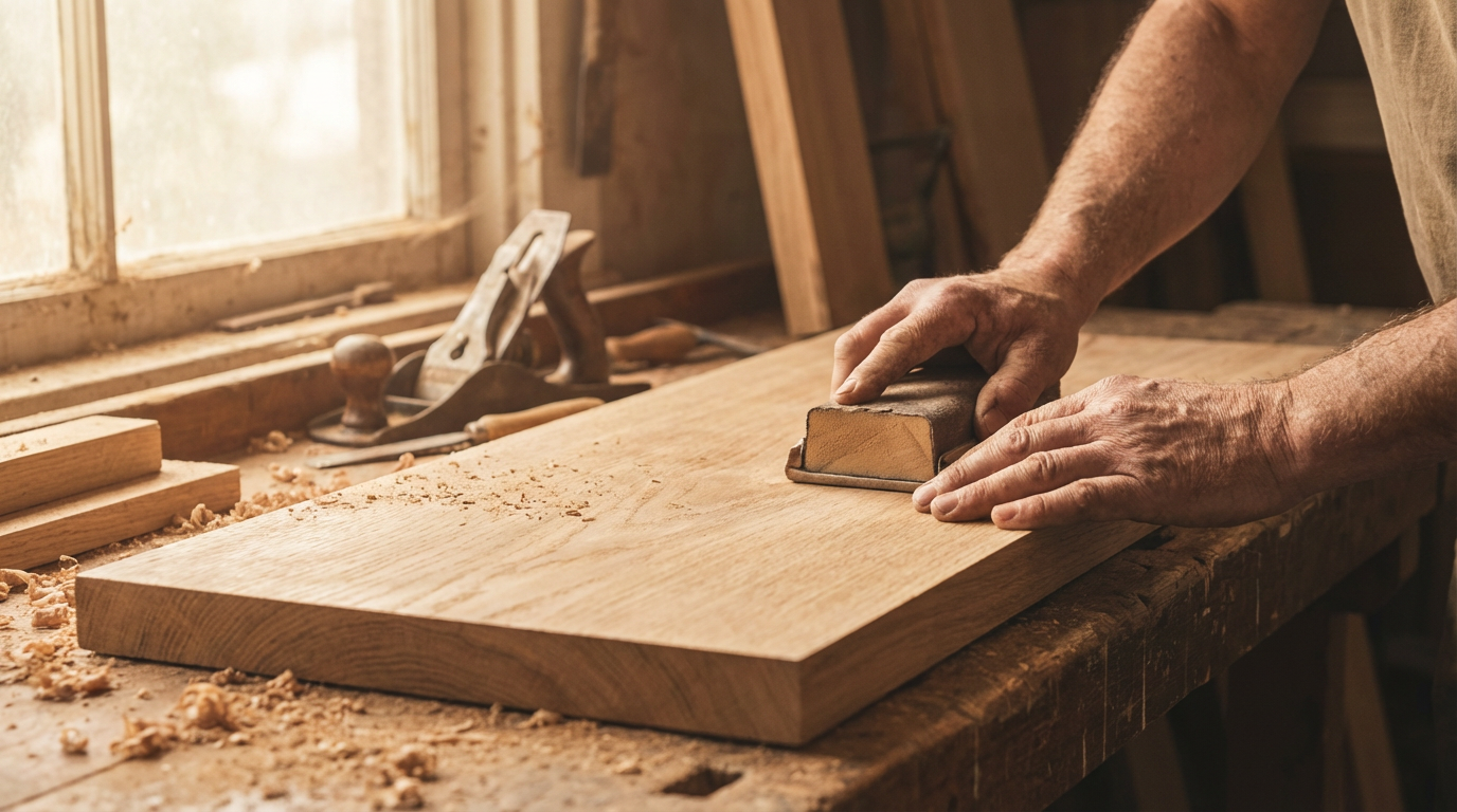 Furniture maker sanding a solid hardwood board by hand
